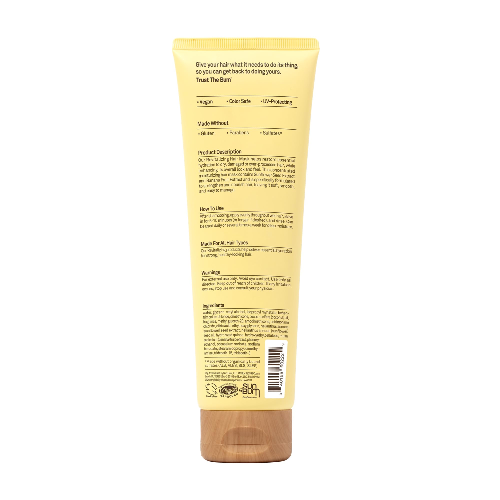 Sun Bum Revitalizing Deep Conditioning Hair Mask packaging close-up communicates vegan, cruelty-free care.