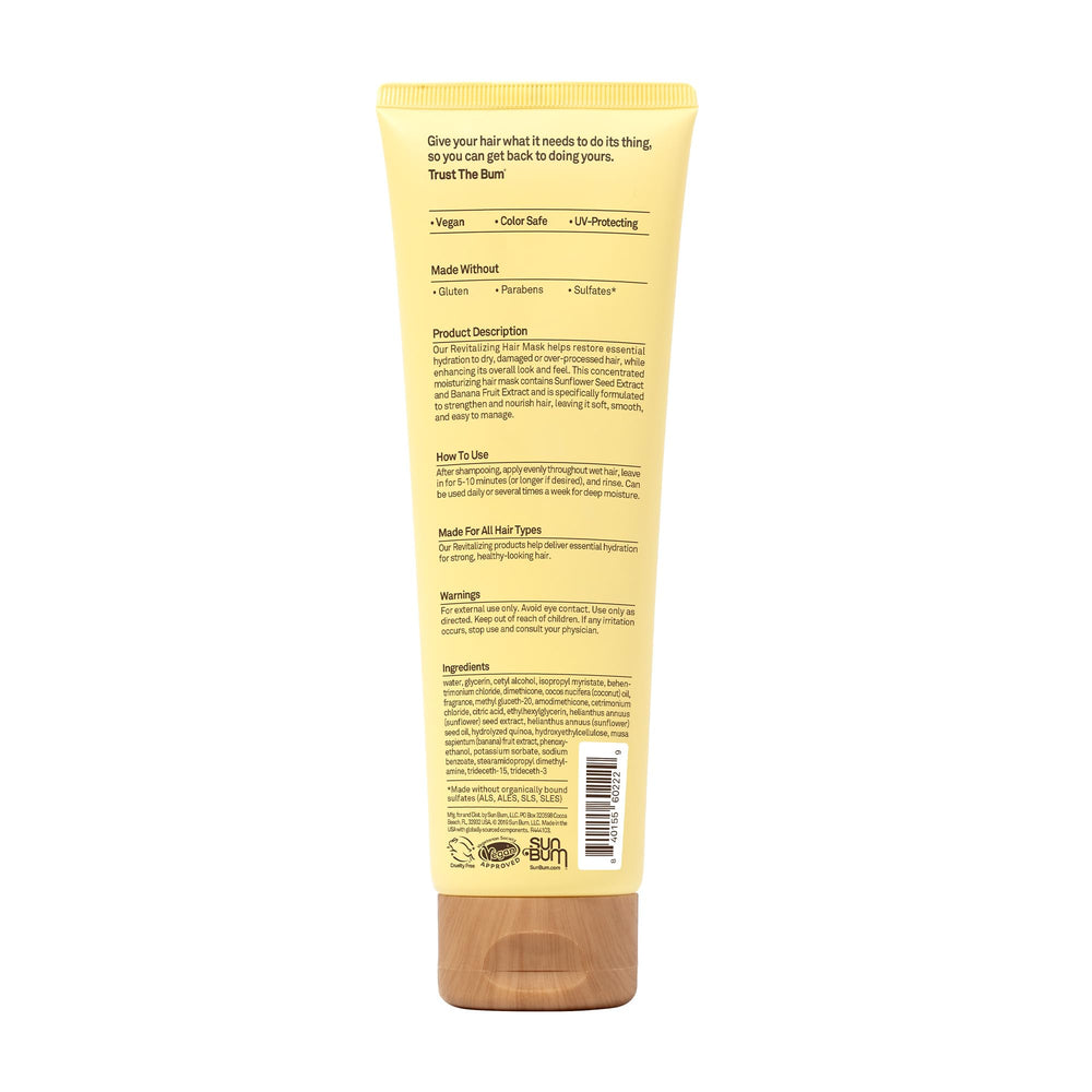 Sun Bum Revitalizing Deep Conditioning Hair Mask packaging close-up communicates vegan, cruelty-free care.