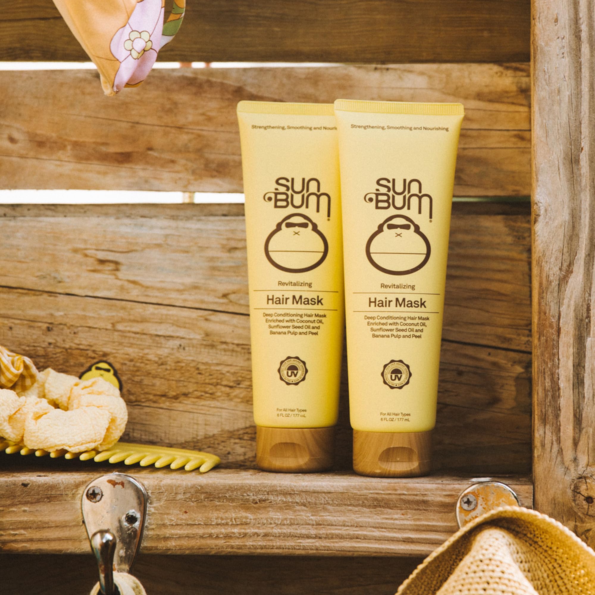 Sun Bum Revitalizing Deep Conditioning Hair Mask shiny-hair result hints at smoother strands.