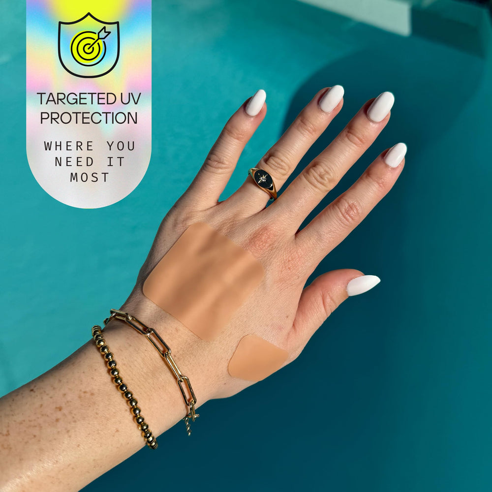 Sun Patch UPF-50 coverage shown on skin reduces sun exposure during outdoor sessions.