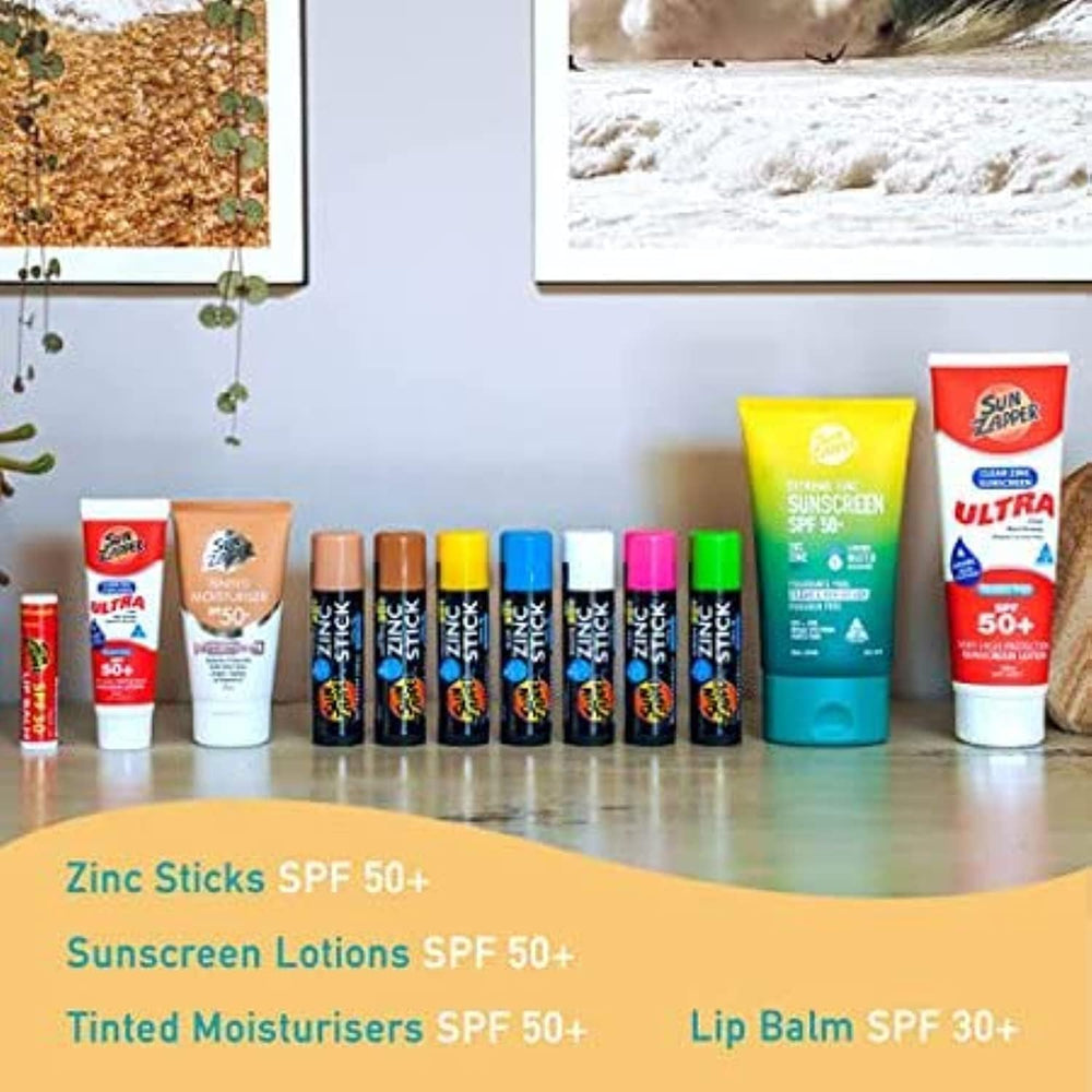 Sun Zapper green zinc sunscreen stick offering UVA/UVB coverage for outdoors.
