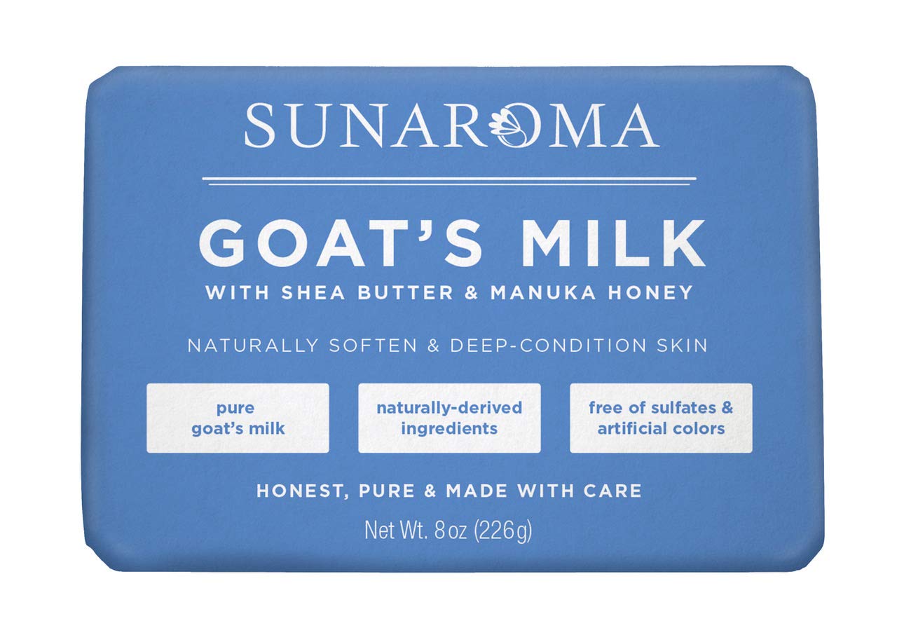 SUNAROMA Jabón de leche de cabra 8oz, muestra una barra suave para piel sedosa.