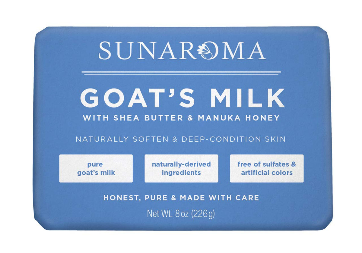 SUNAROMA Jabón de leche de cabra 8oz, muestra una barra suave para piel sedosa.