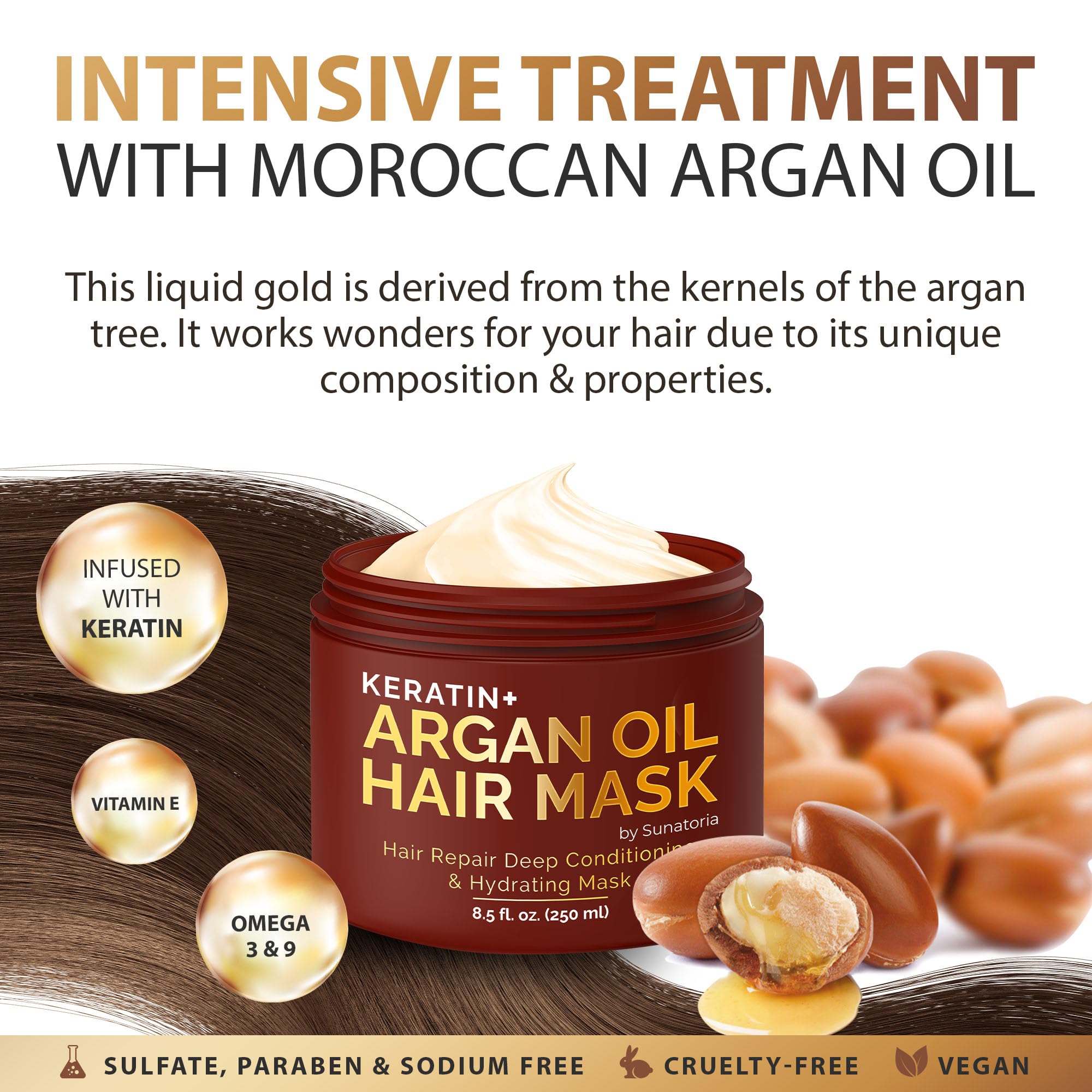 SUNATORIA argan oil bottle close-up highlights nourishing shine for healthy-looking hair.