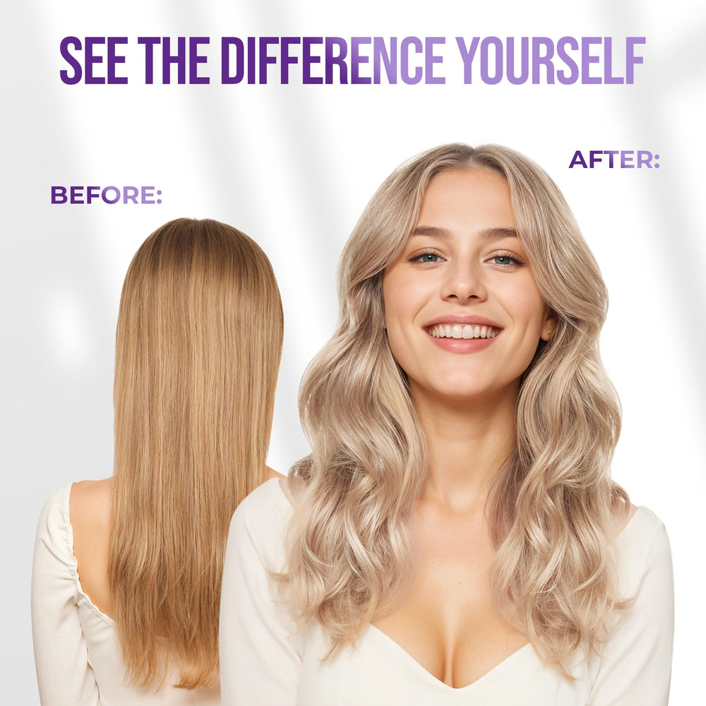 Brassy tones soften as Sunatoria purple mask colors blond hair