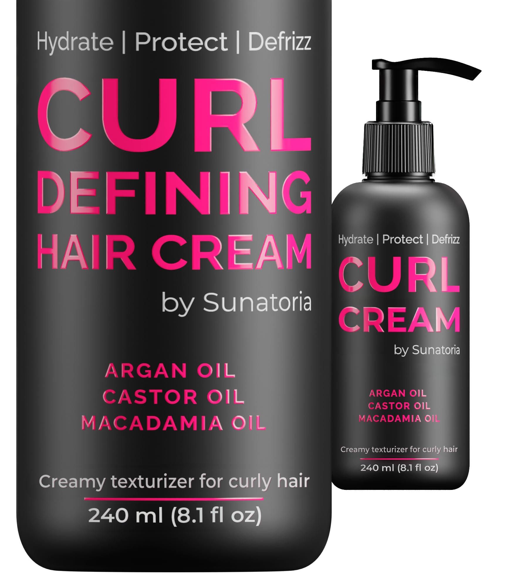 SUNATORIA Curl Cream bottle on vanity demonstrates weightless curl definition for curls.