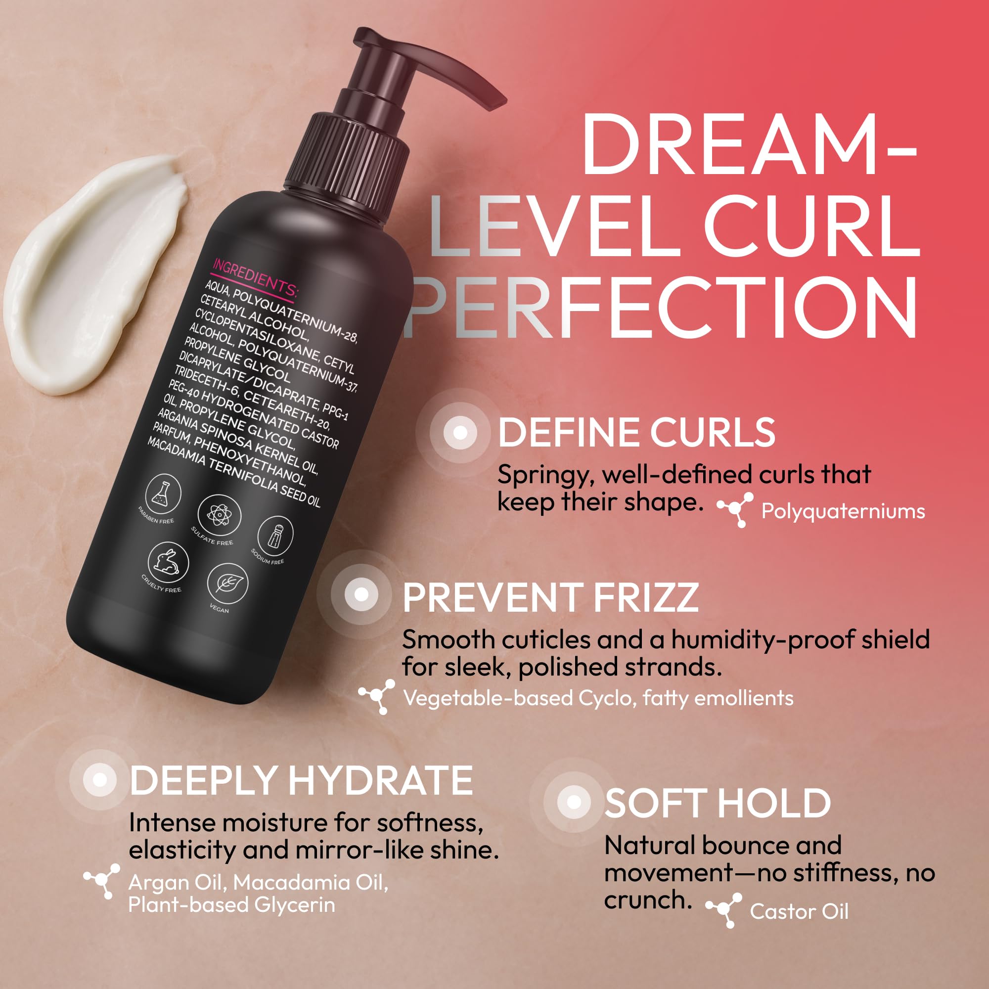 SUNATORIA Curl Cream texture close-up highlights smooth, frizz-taming formula.
