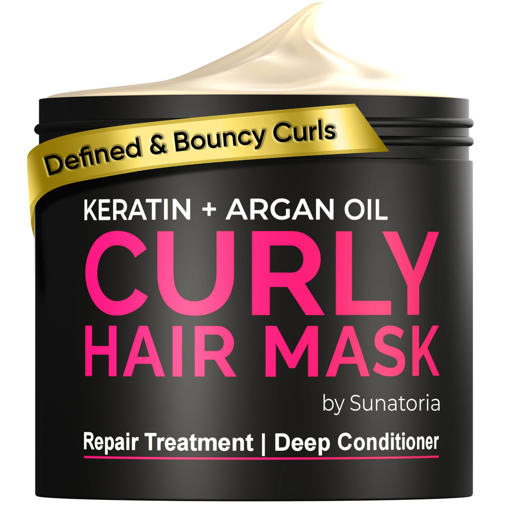 SUNATORIA Curly Hair Mask bottle closeup shows argan-keratin hydration for curls