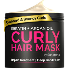 SUNATORIA Curly Hair Mask bottle closeup shows argan-keratin hydration for curls
