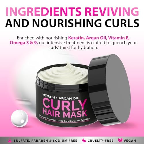 SUNATORIA Curly Hair Mask packaging on display highlighting natural argan and keratin