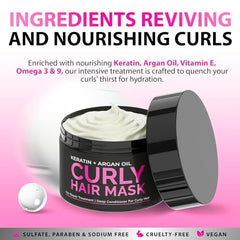 SUNATORIA Curly Hair Mask packaging on display highlighting natural argan and keratin