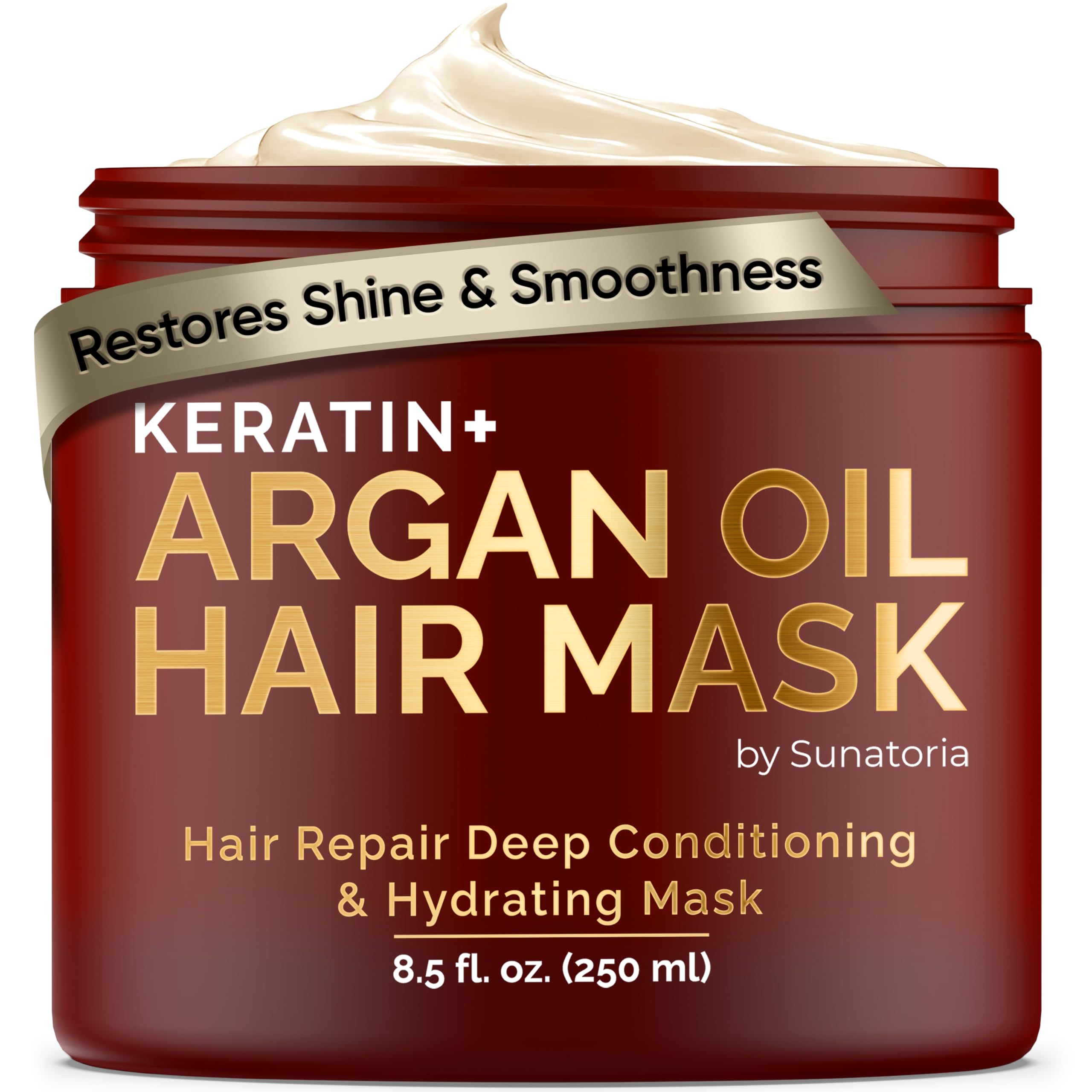 SUNATORIA hair mask jar with keratin and argan oil delivers deep hydration for dry, frizzy hair.