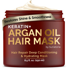 SUNATORIA hair mask jar with keratin and argan oil delivers deep hydration for dry, frizzy hair.