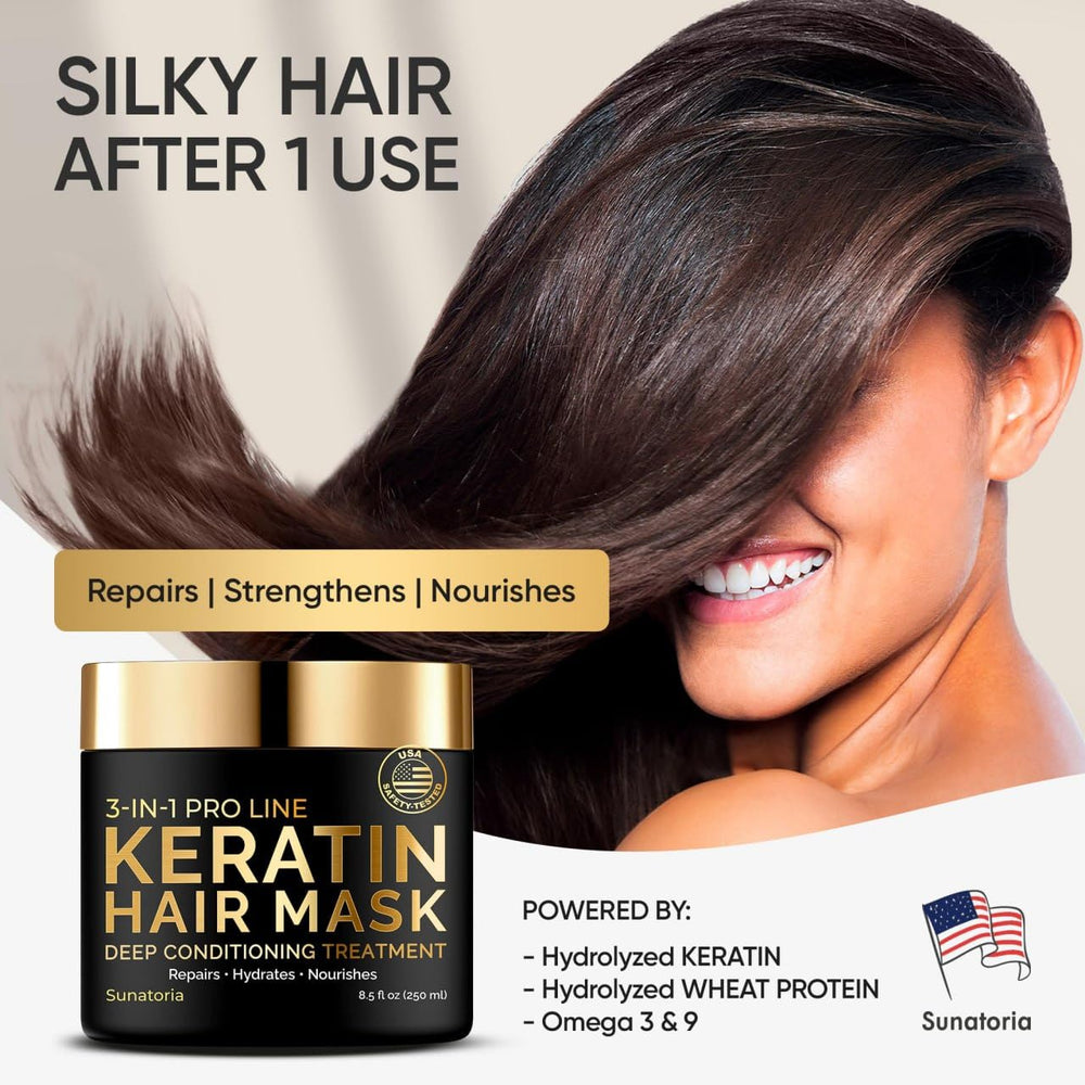 SUNATORIA keratin hair mask jar spread demonstrates deep conditioning for dry ends