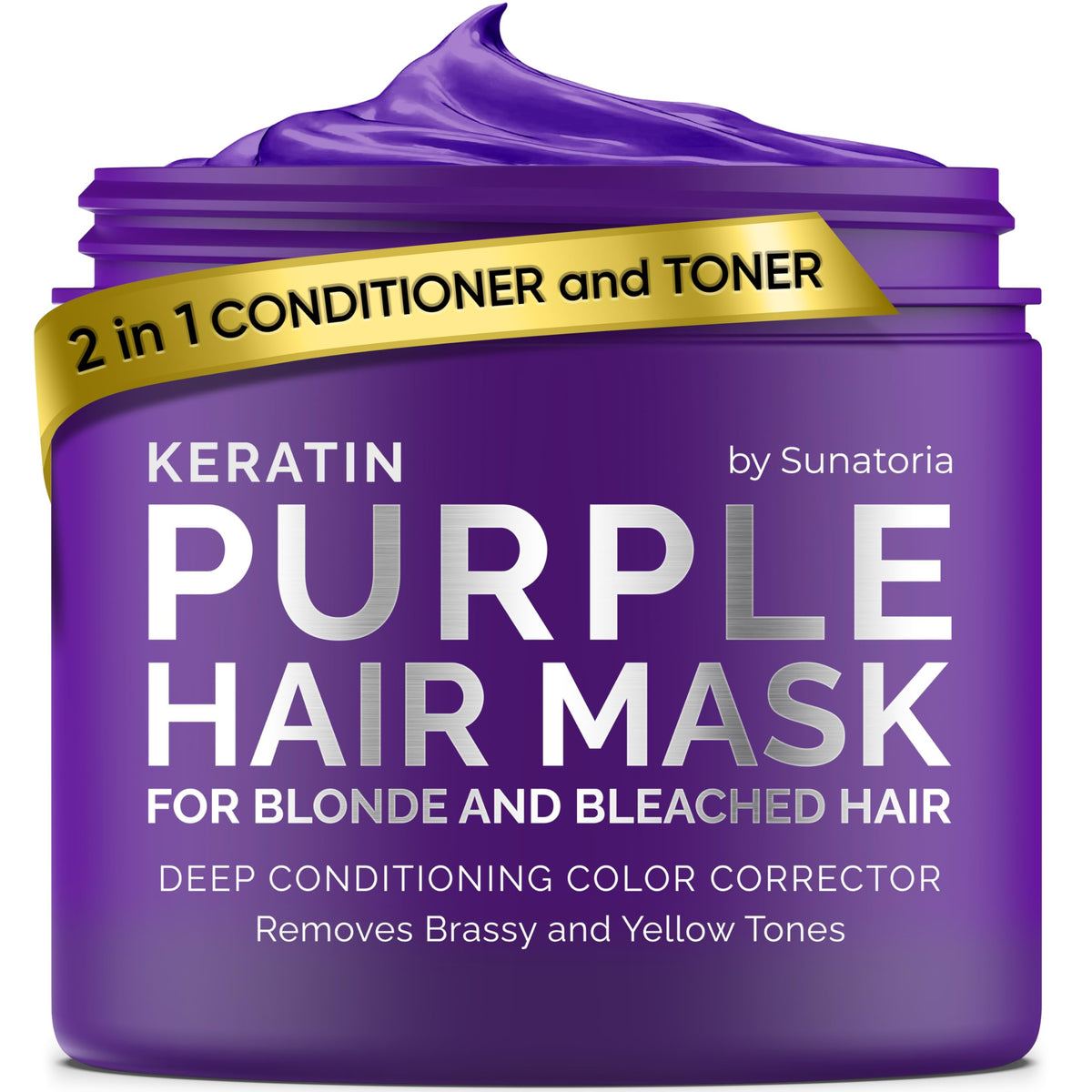 Sunatoria Keratin Purple Hair Mask bottle highlighting toning for blonde hair and brassy neutralization