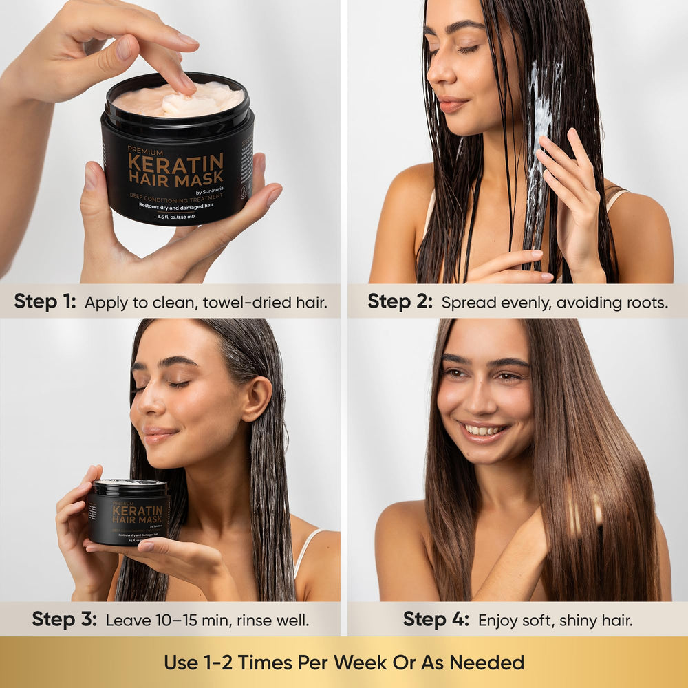 SUNATORIA sulfate-free hair mask packaging communicates gentle cleansing and moisture retention