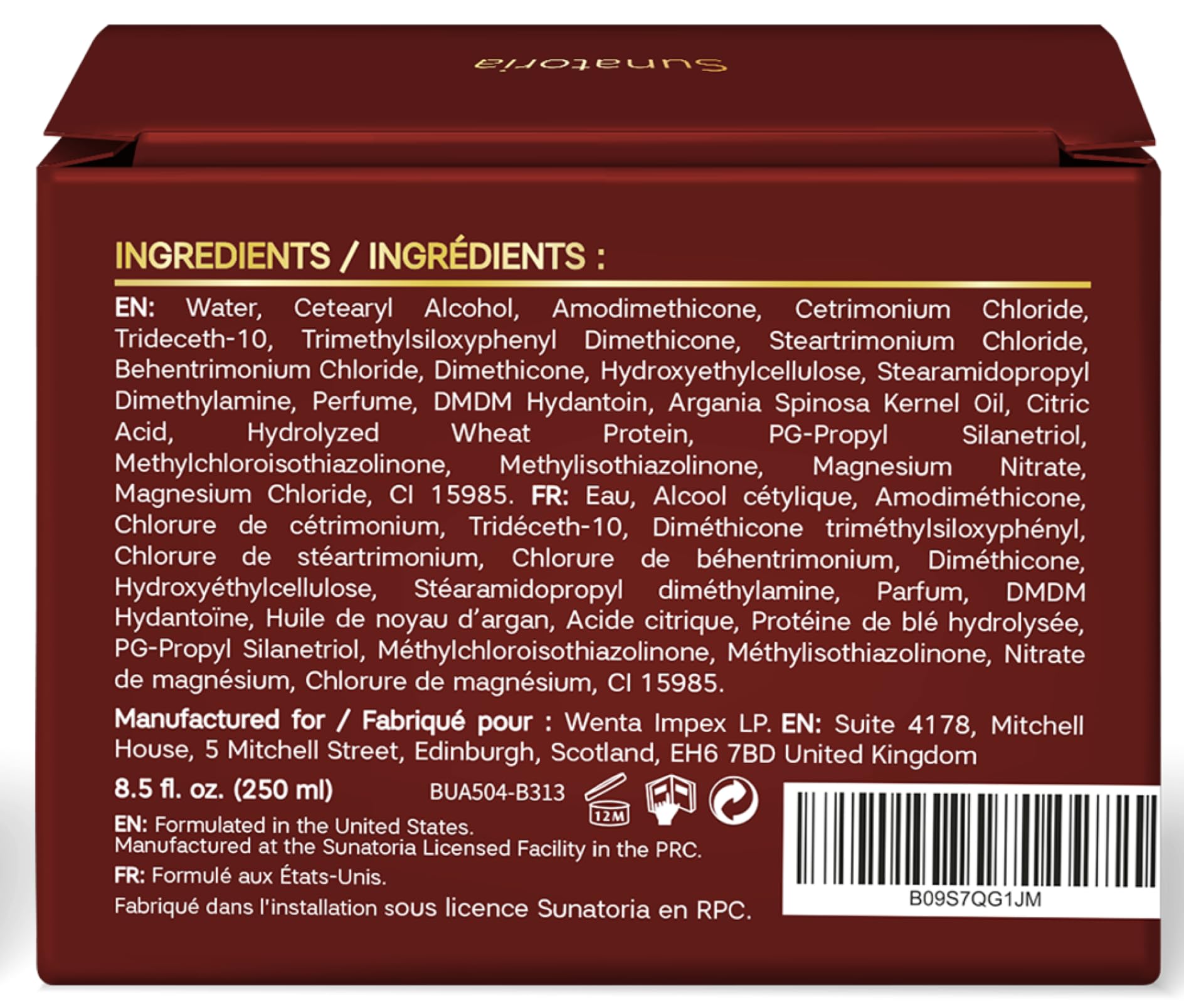 SUNATORIA vegan formula label indicates cruelty-free, plant-based hair care.