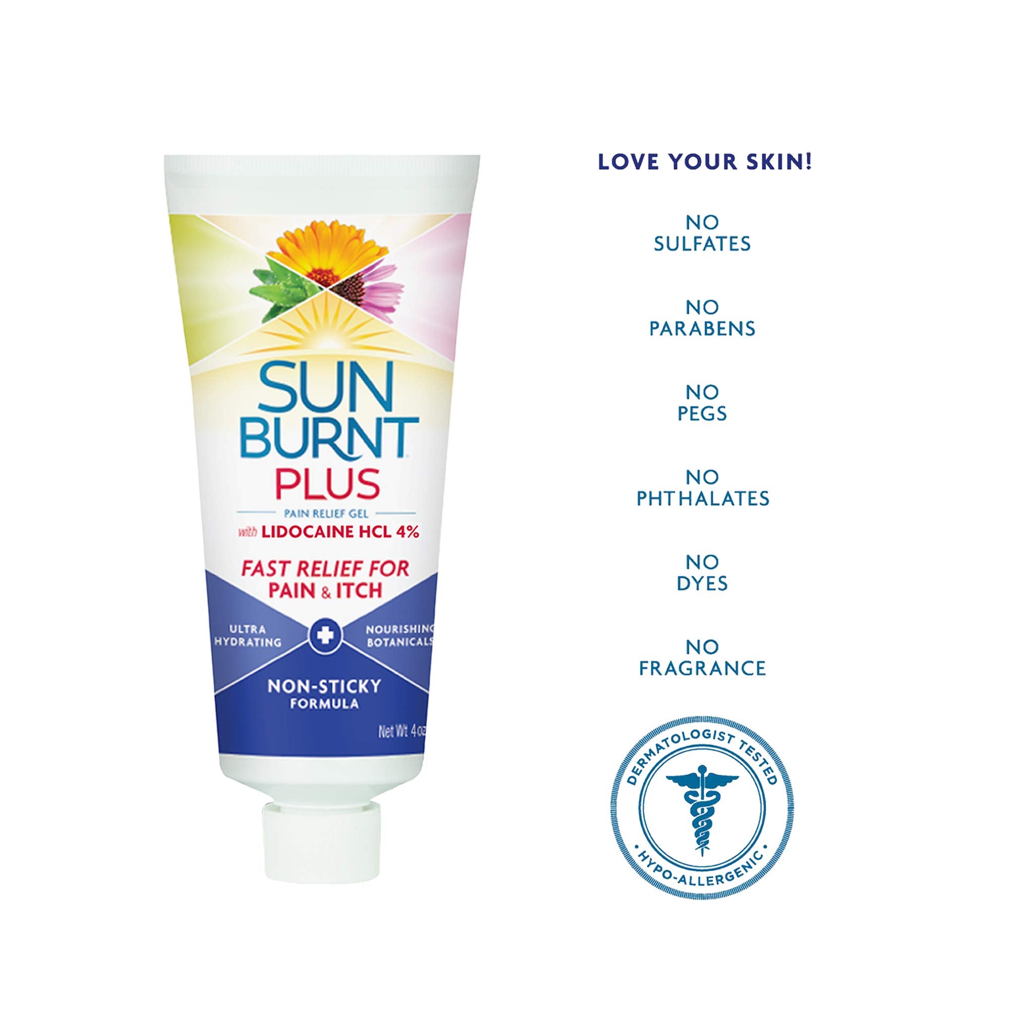 Sunburnt Plus gel texture close-up shows non-sticky, quick-absorbing after-sun care.
