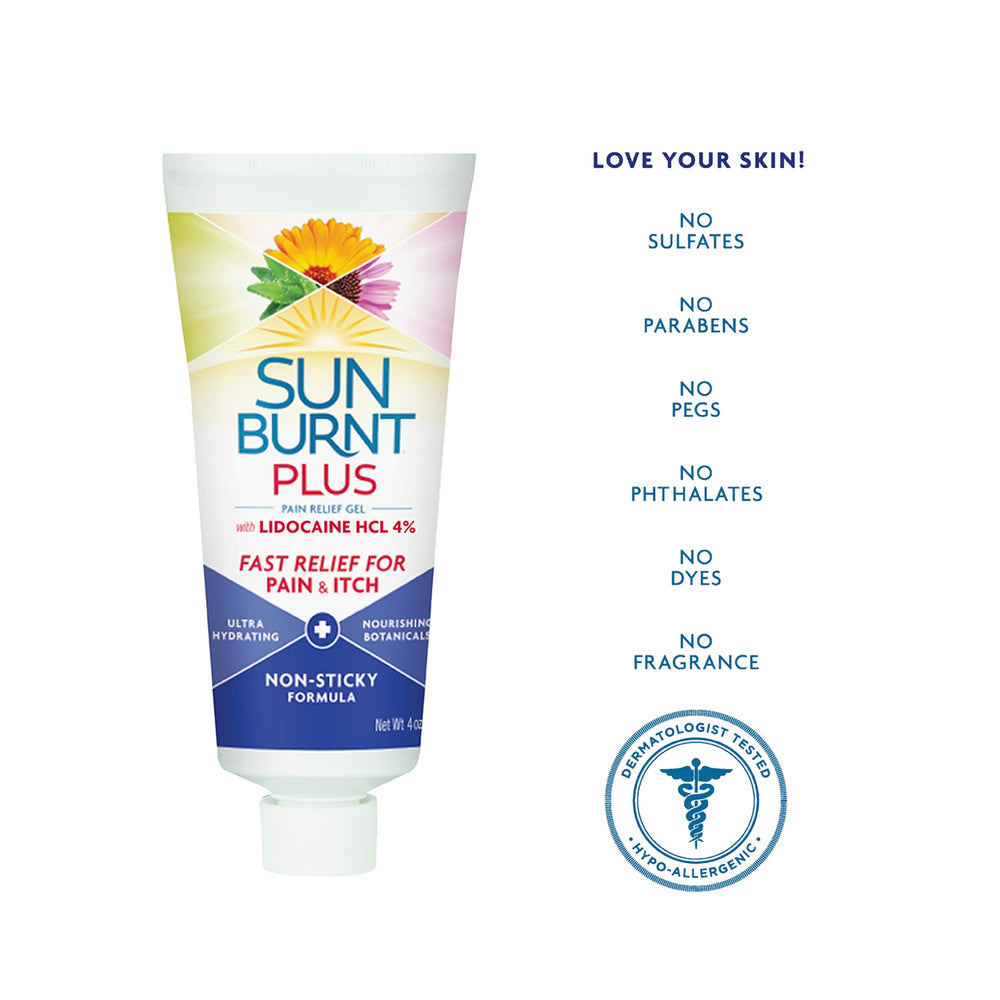 Sunburnt Plus gel texture close-up shows non-sticky, quick-absorbing after-sun care.