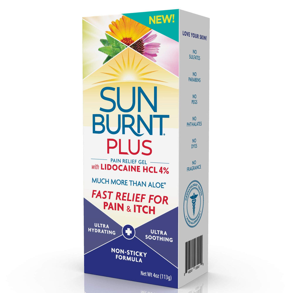 Sunburnt Plus free-from label highlights absence of sulfates, parabens, and fragrances.