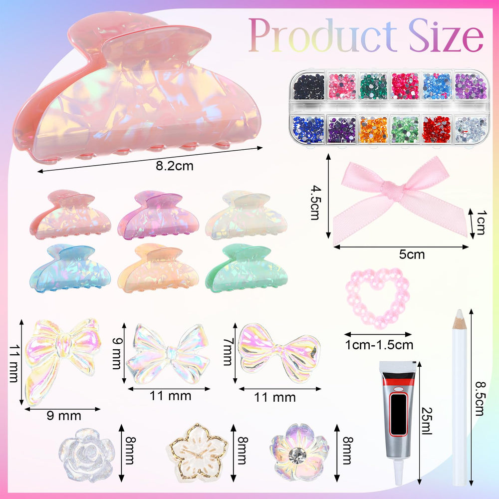 Suncalla DIY hair clips kit materials spread with rhinestones and pearls for customization.