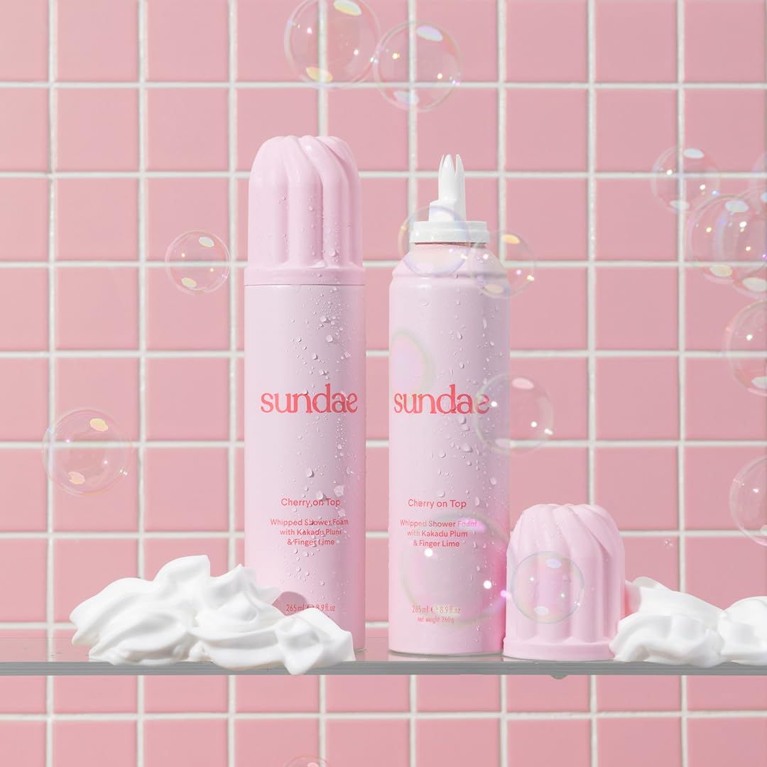 Sundae Cherry On Top foaming body wash pump—creamy lather for daily skin refreshment.