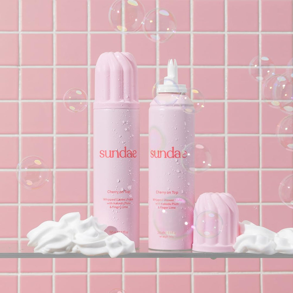 Sundae Cherry On Top foaming body wash pump—creamy lather for daily skin refreshment.