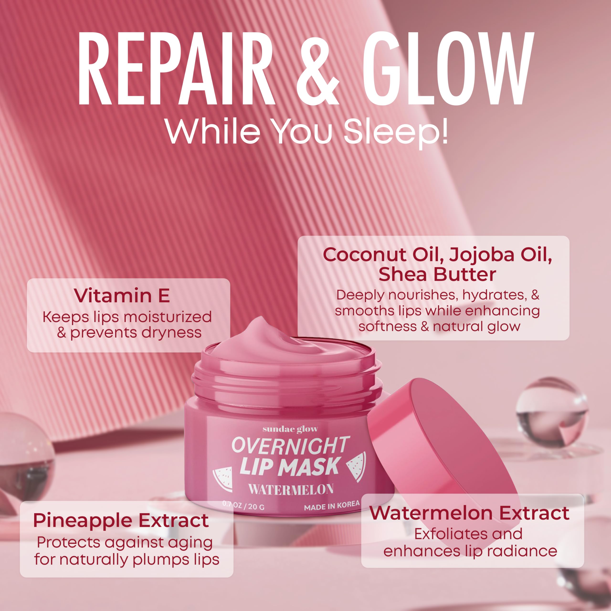 Sundae Glow Lip Mask Watermelon ingredients close-up highlighting watermelon and shea.