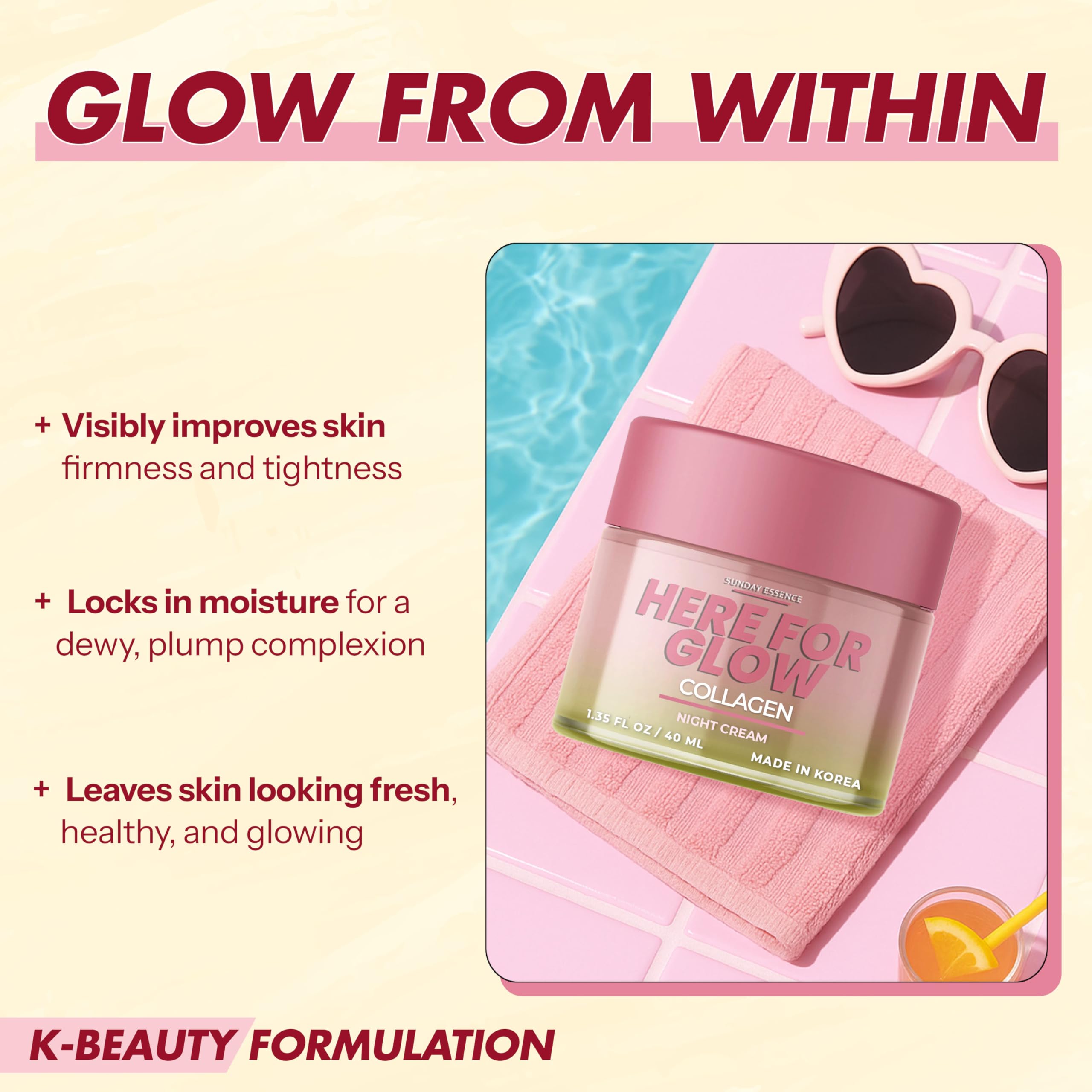 Sunday Essence Collagen Night Cream box on vanity with packaging.