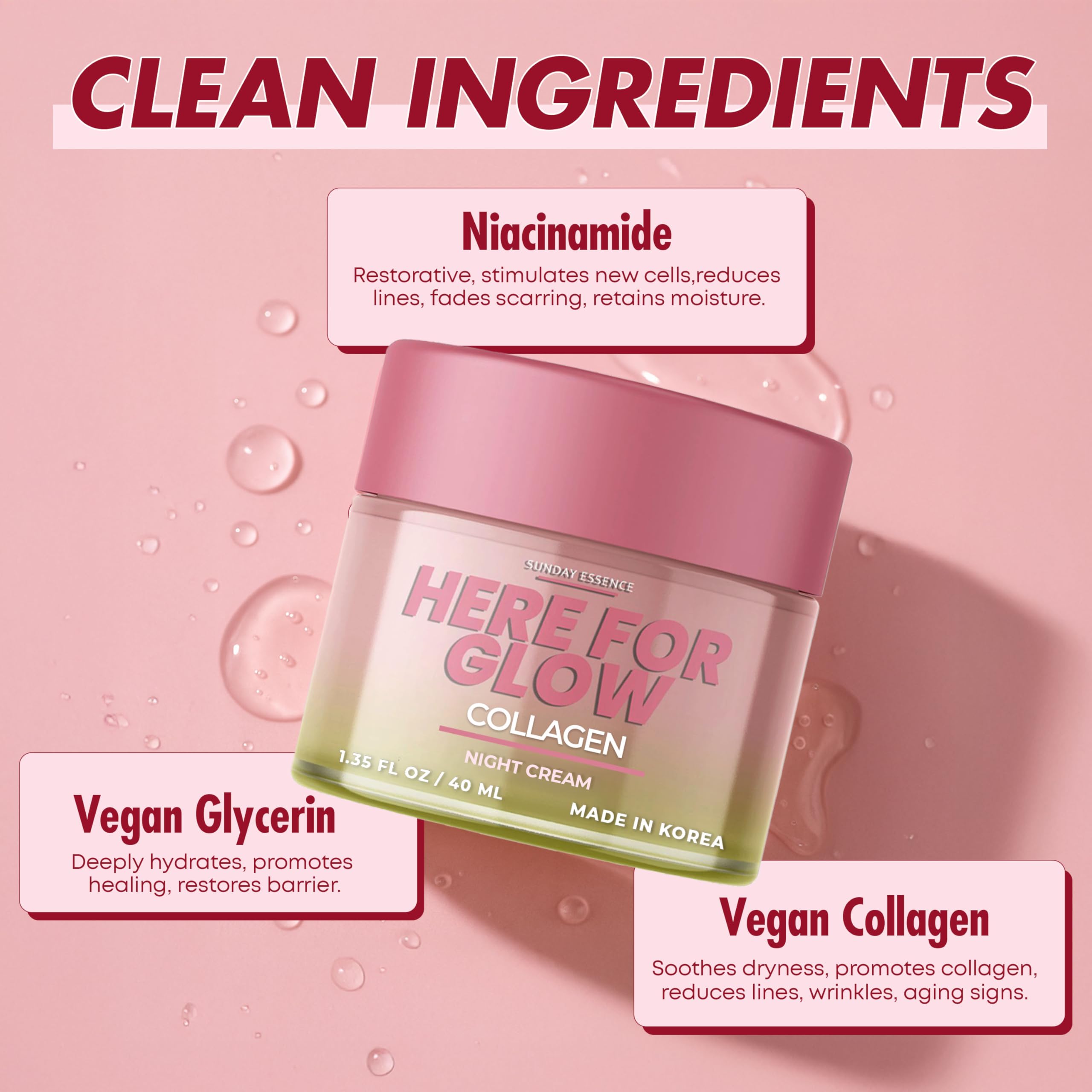 Sunday Essence Collagen Night Cream packaging highlights vegan and non-GMO ingredients.