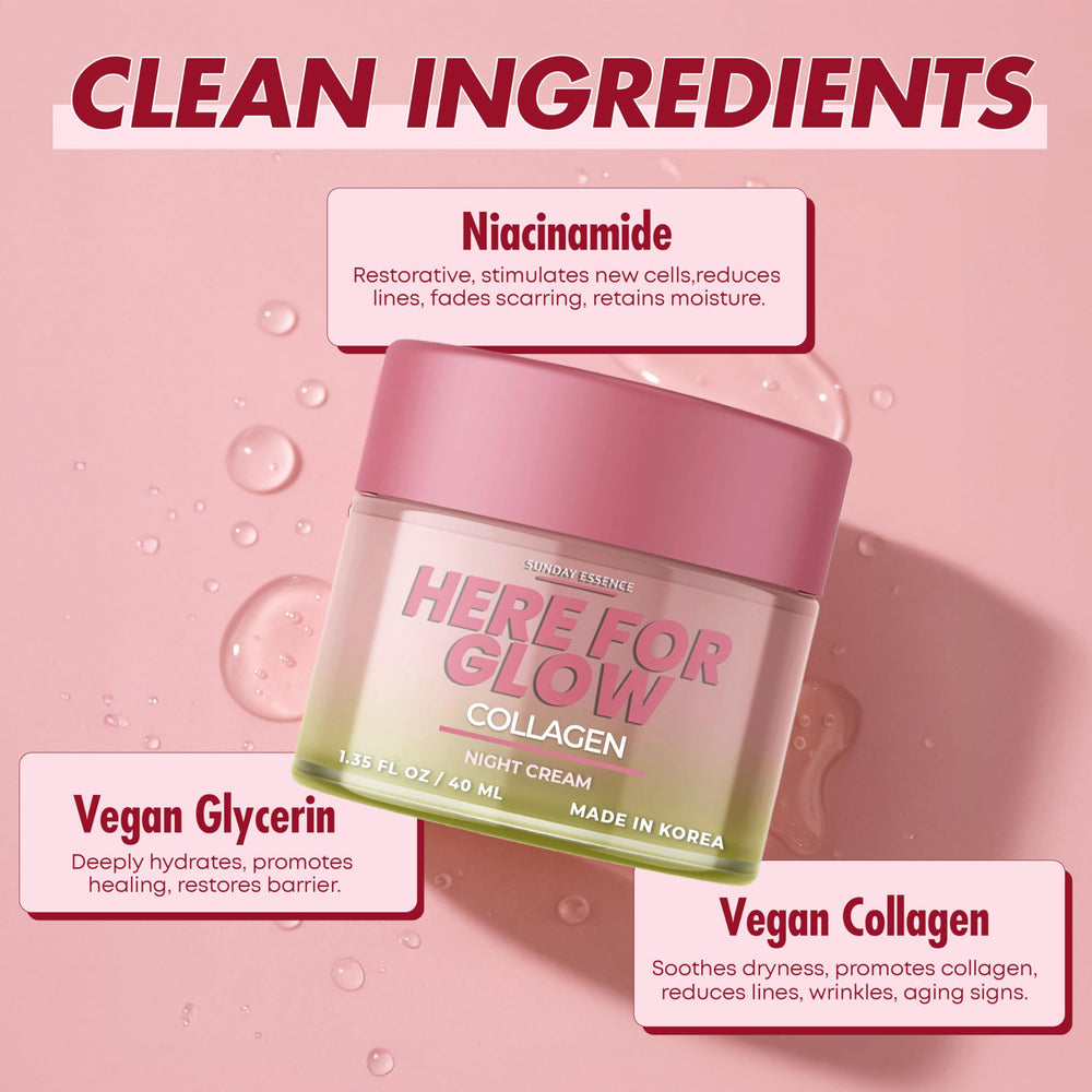 Sunday Essence Collagen Night Cream packaging highlights vegan and non-GMO ingredients.