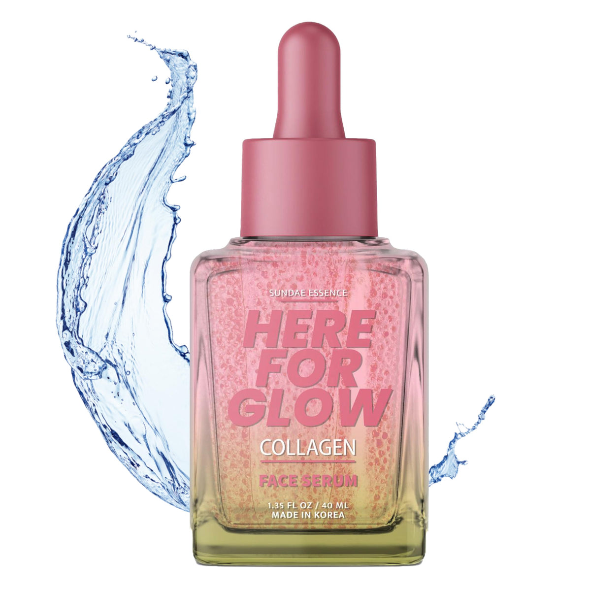 Sunday Essence collagen serum bottle closeup highlighting hydration and glow.