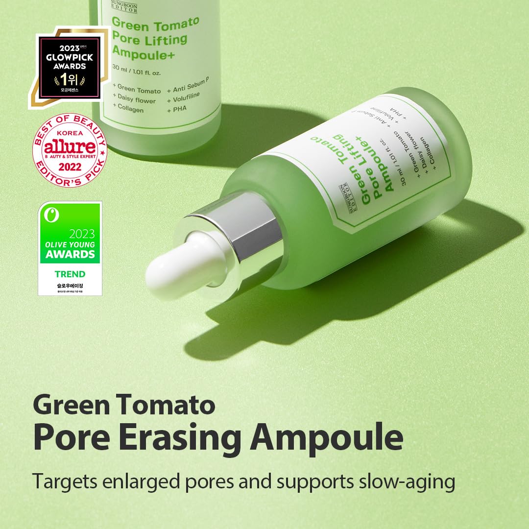 SUNGBOON EDITOR Green Tomato Pore Lifting Ampoule serum drop showcases lightweight hydration