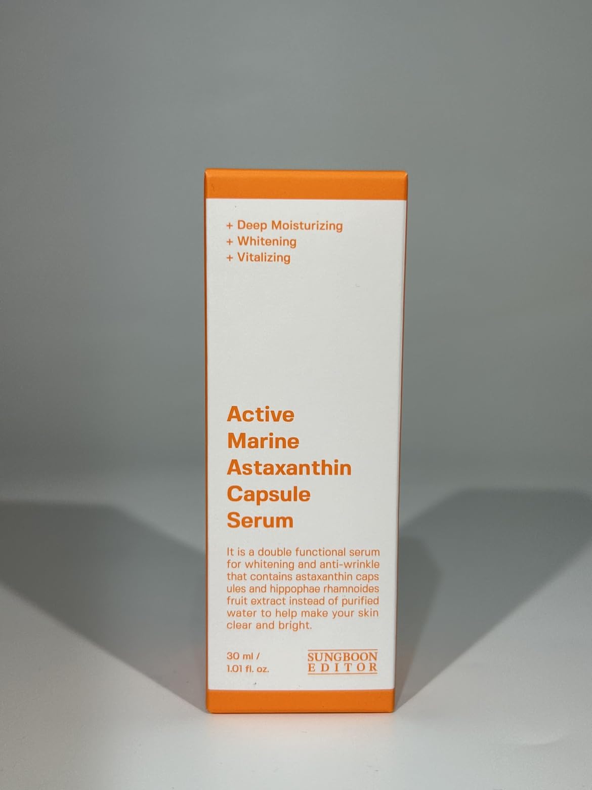 SUNGBOON EDITOR Active Marine Astaxanthin Serum bottle preserves potency and stability.