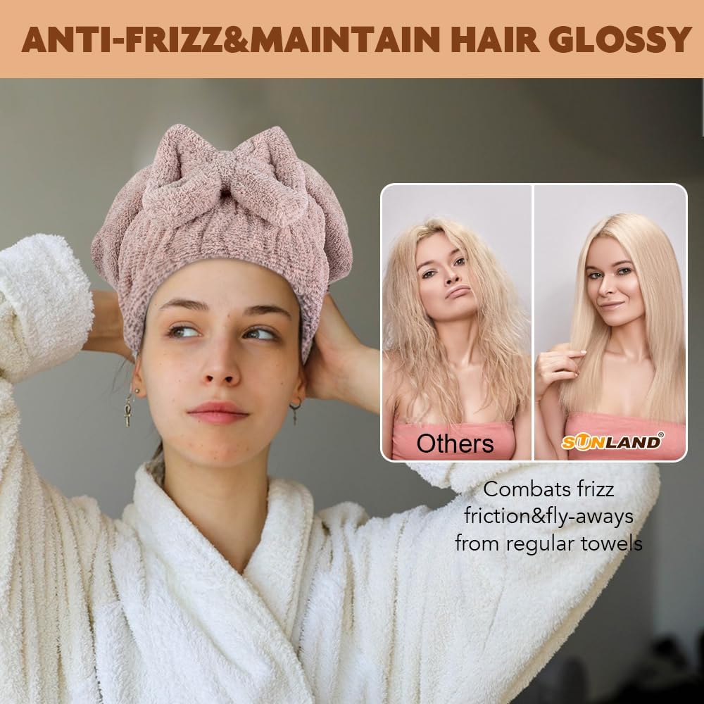 SUNLAND brown hair wrap for curly, thick hair helps dry naturally with less effort.