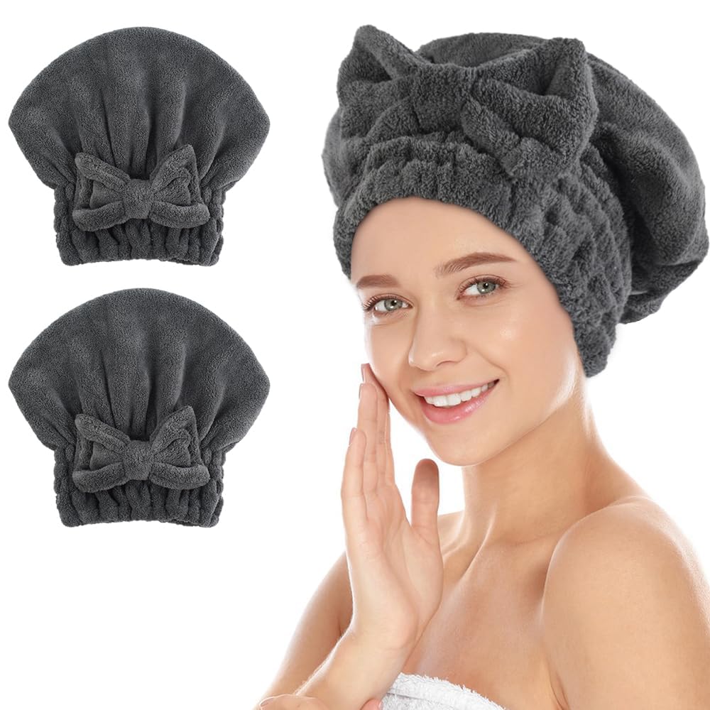 Sunland large microfiber hair-drying cap with bow knot dries curls gently and quickly.