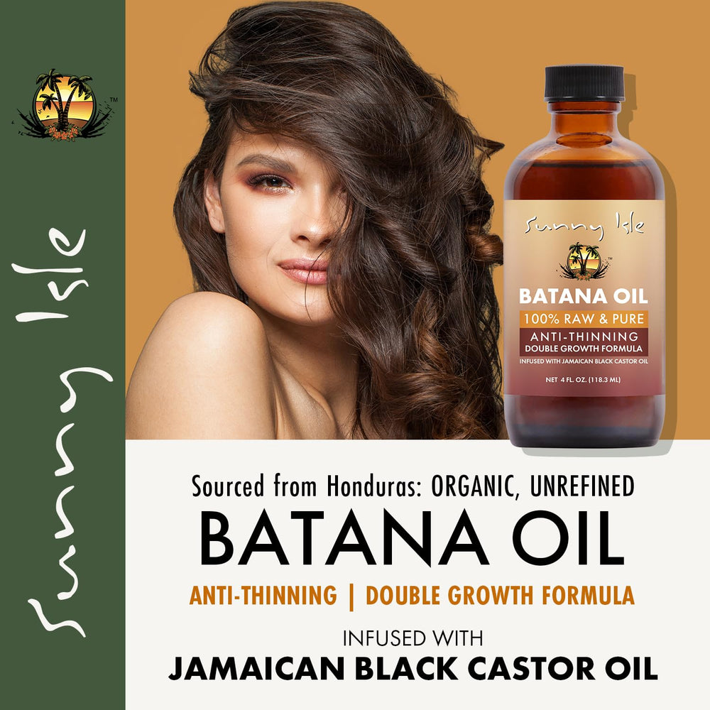 Sunny Isle Batana Oil bottle label highlights natural ingredients.