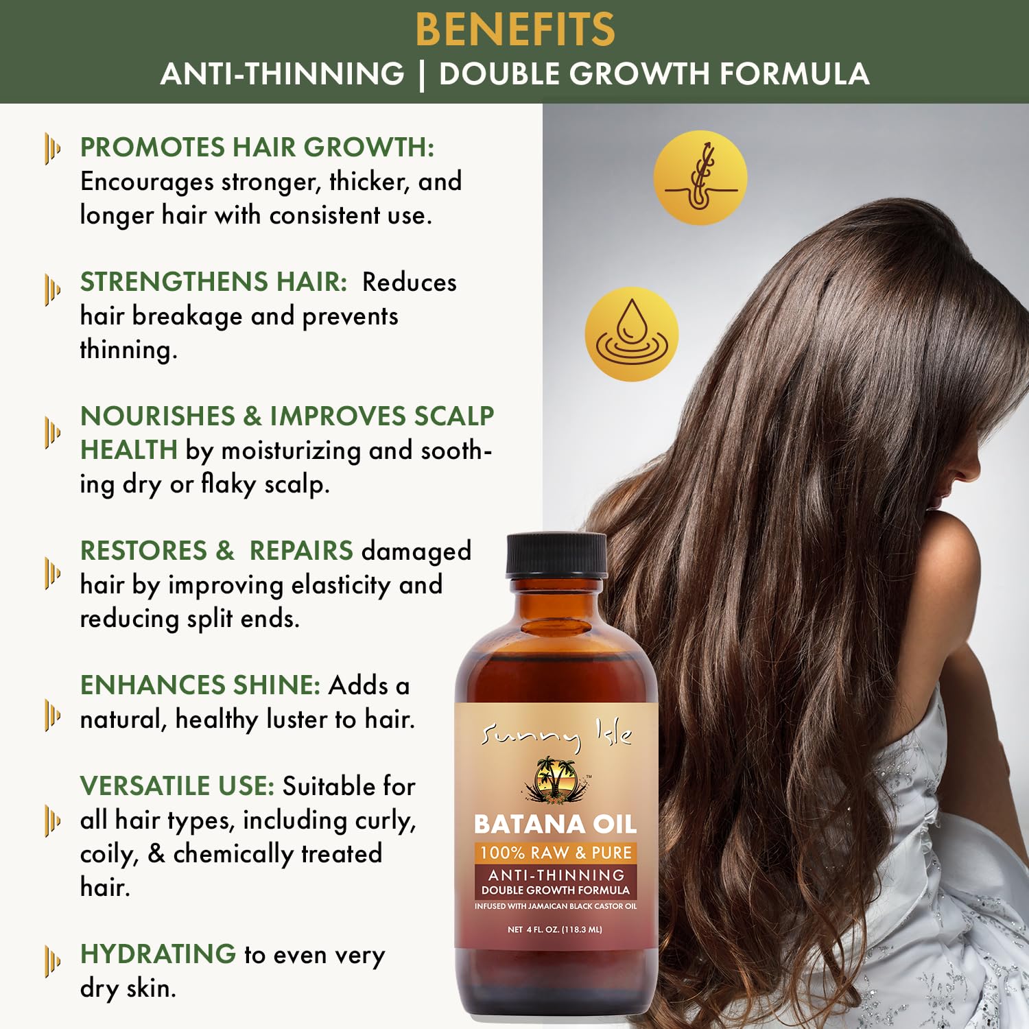 Sunny Isle Batana Oil scalp massage scene suggests soothing routine.