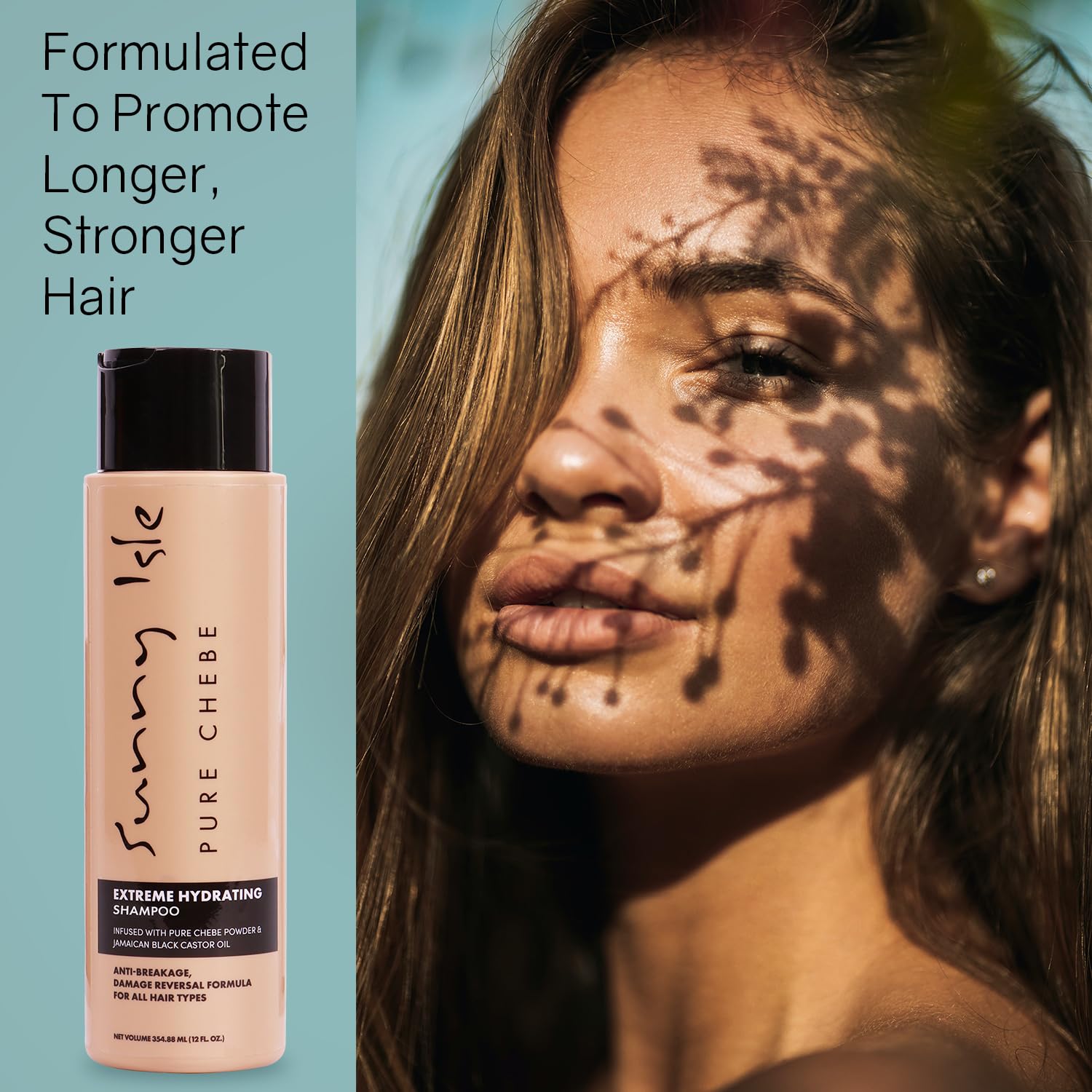 Sunny Isle damage-repair image shows rejuvenated, healthy-looking strands after washing.