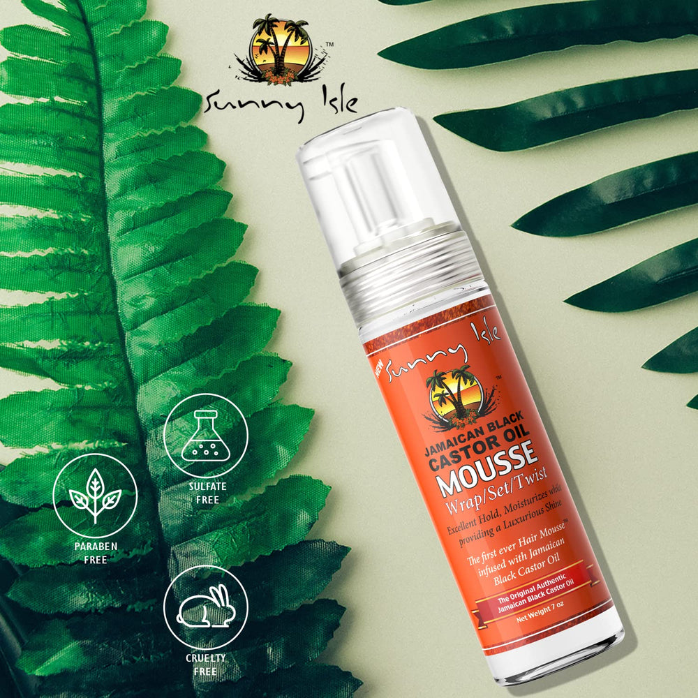 Sunny Isle Jamaican Black Castor Oil Mousse Wrap Set bottle shows shine-enhanced curls.