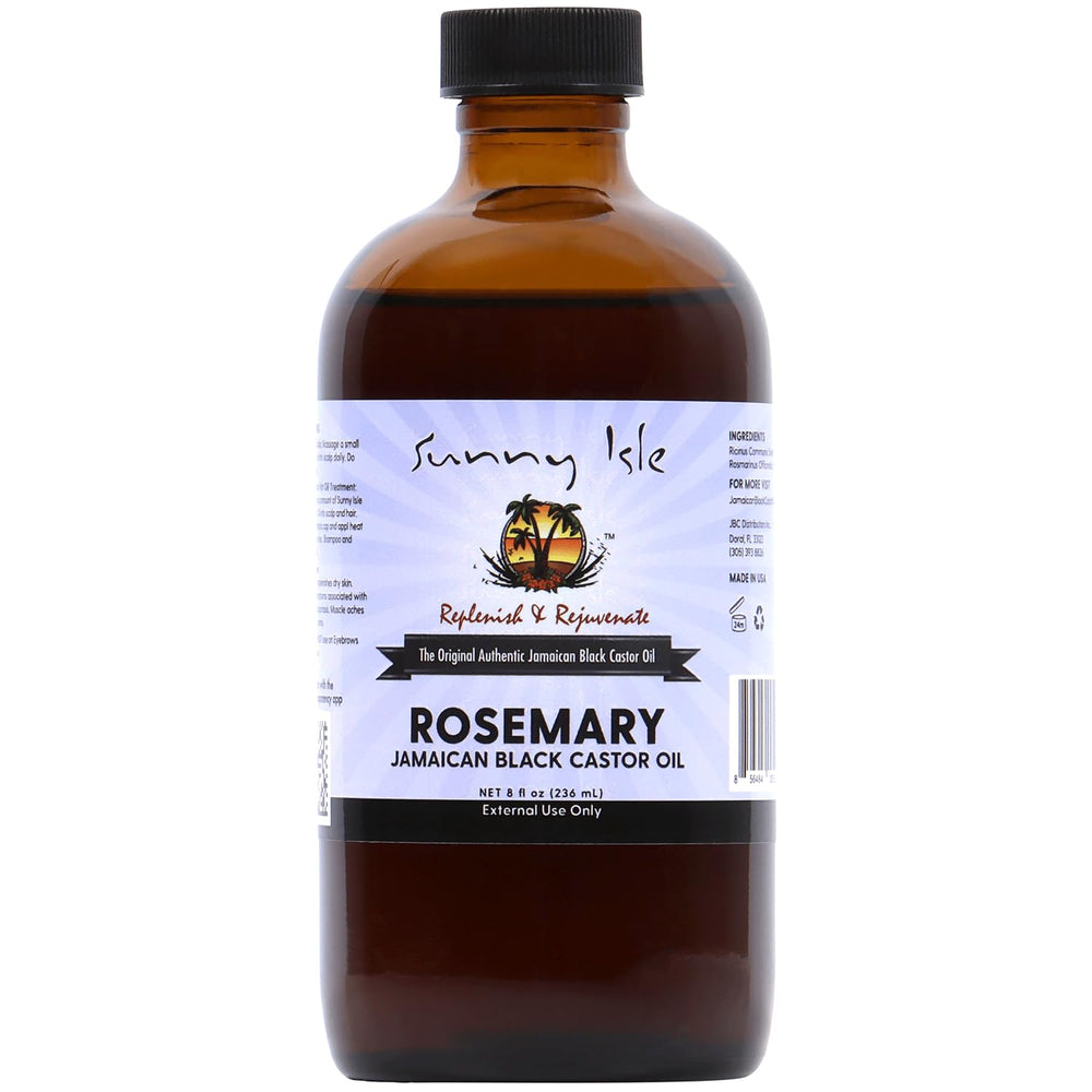Sunny Isle Rosemary Jamaican Black Castor Oil bottle closeup for premium scalp care