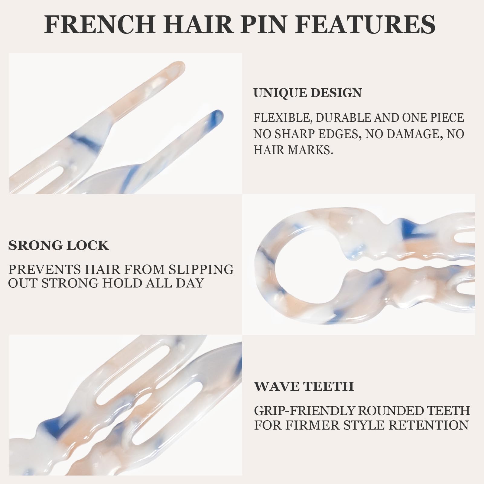 Sunolga small French hair pin lightweight acetate for comfortable all-day wear