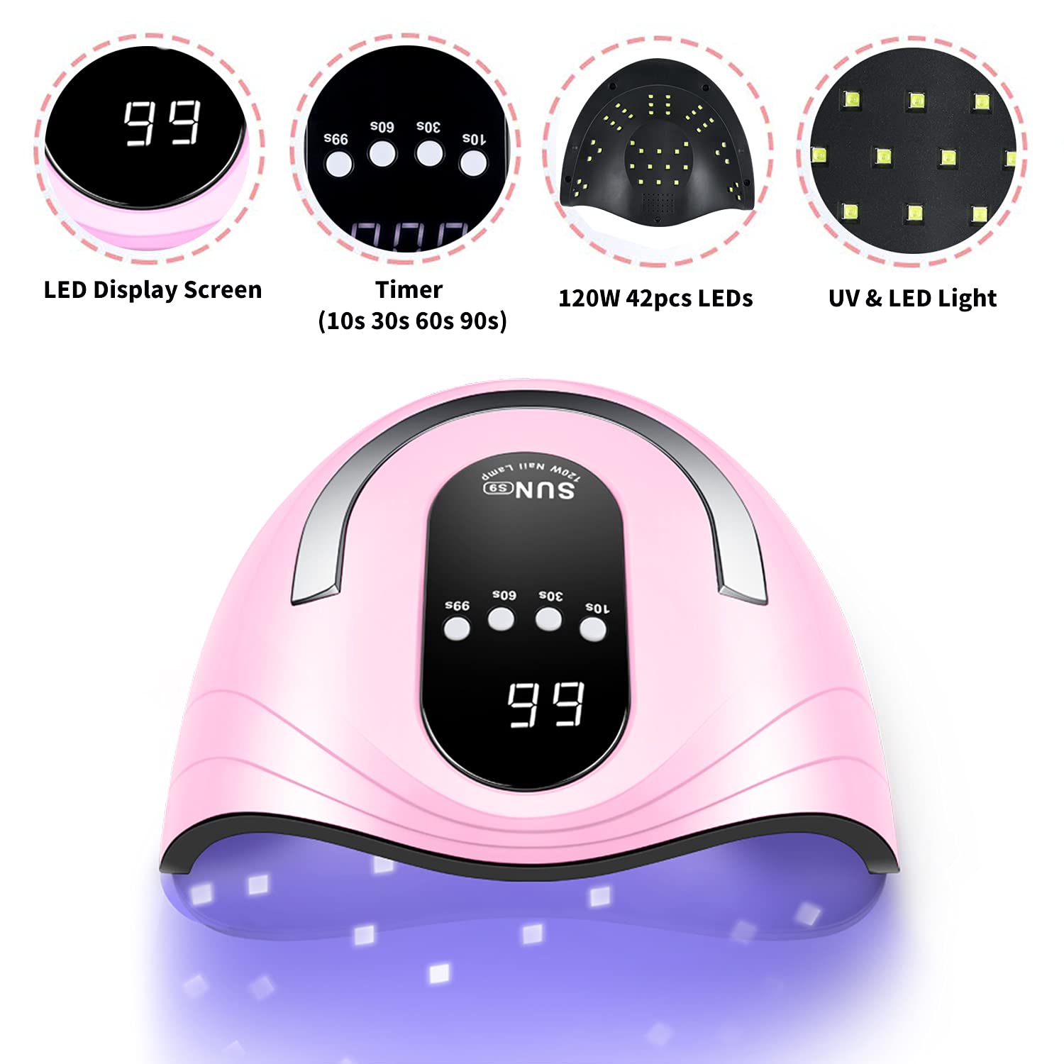 Sunrich UV Gel Nail Lamp 120W pink digital display shows curing time clearly.