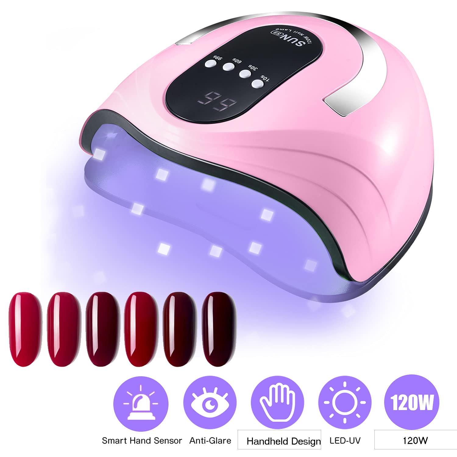 Sunrich UV Gel Nail Lamp 120W side view pink for versatile hand and foot curing.