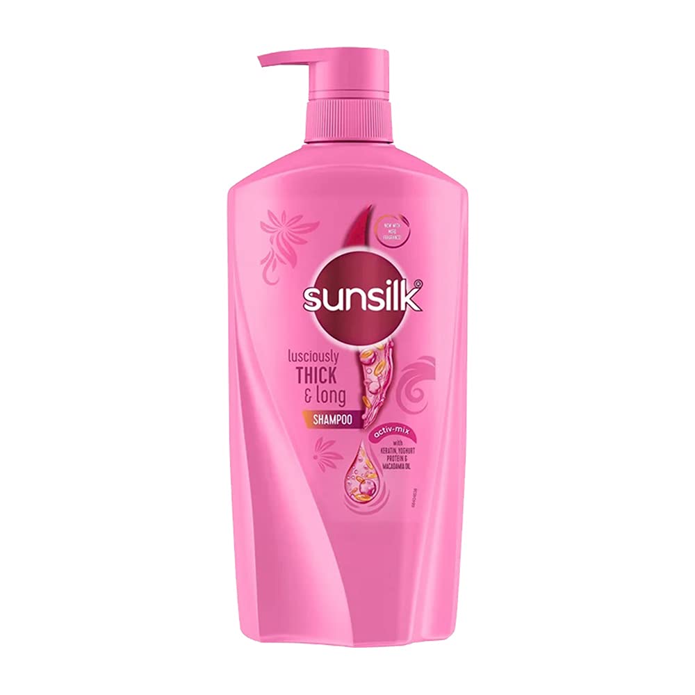 Sunsilk Lusciously Thick & Long shampoo bottle front showing lasting volume.