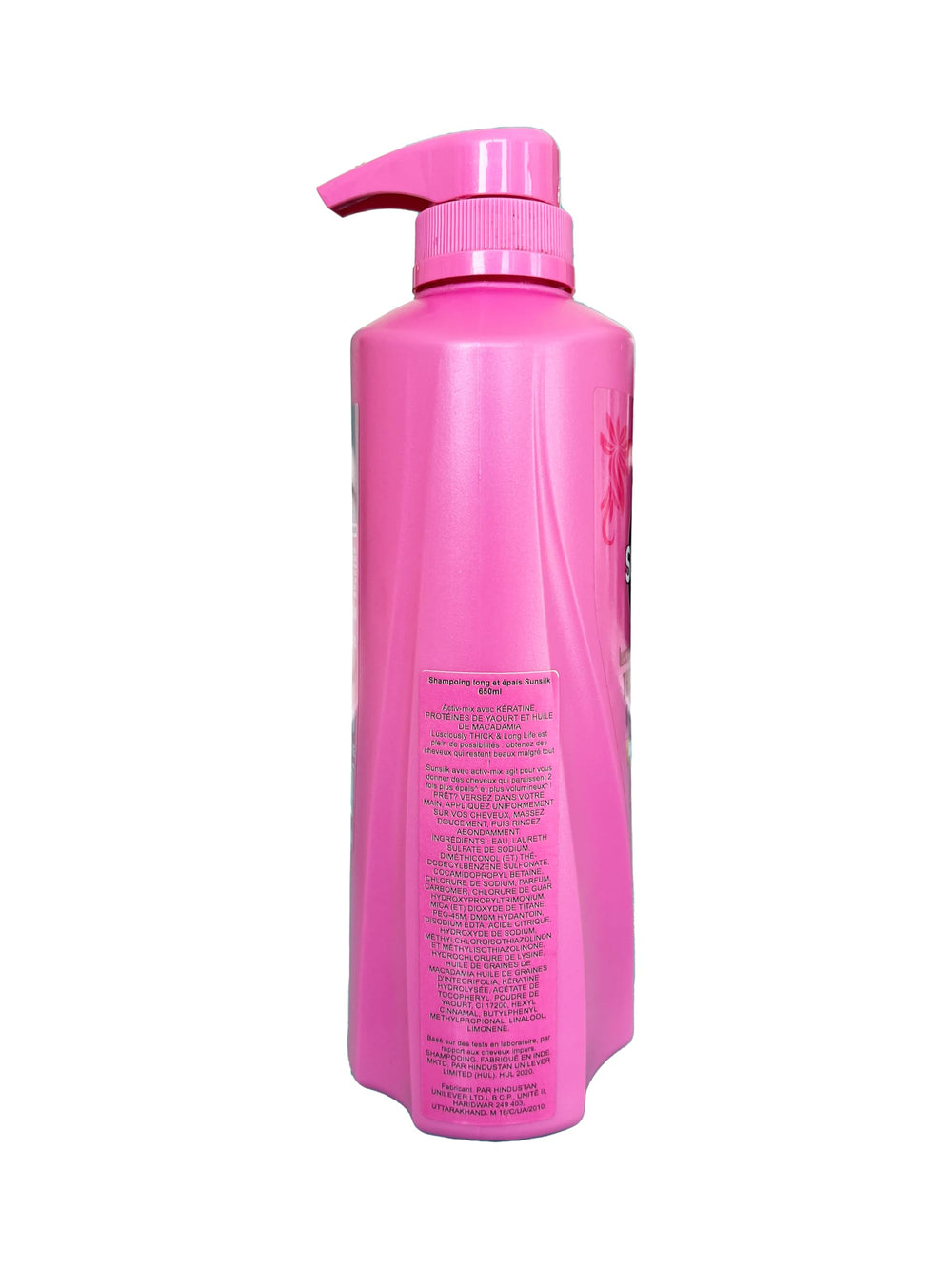 Close-up of Sunsilk Lusciously Thick & Long label highlighting Keratin Yoghurt Complex.