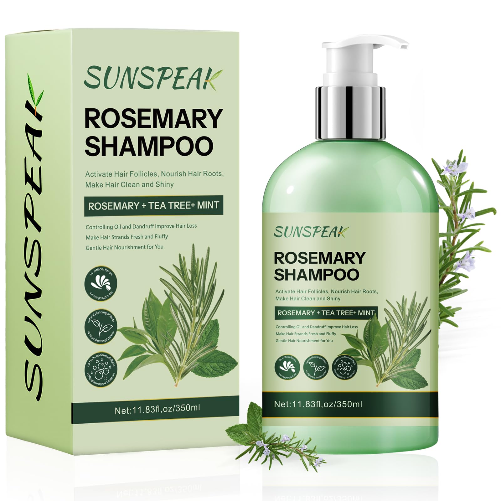 Sunspeak rosemary shampoo bottle showcasing a strengthening formula for thicker hair
