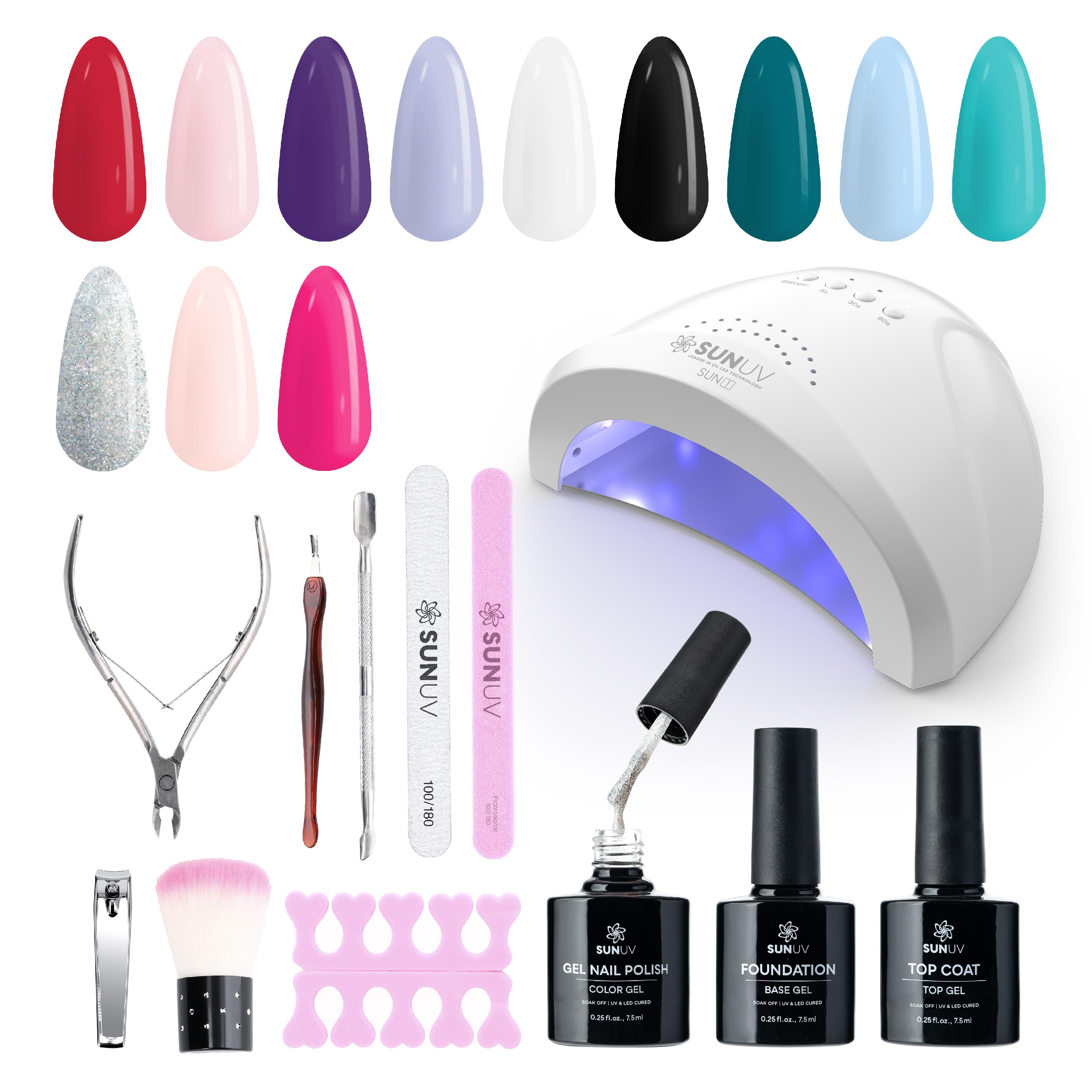 SUNUV Gel Nail Polish Kit with UV Light showing vibrant shade options for at-home salon vibes