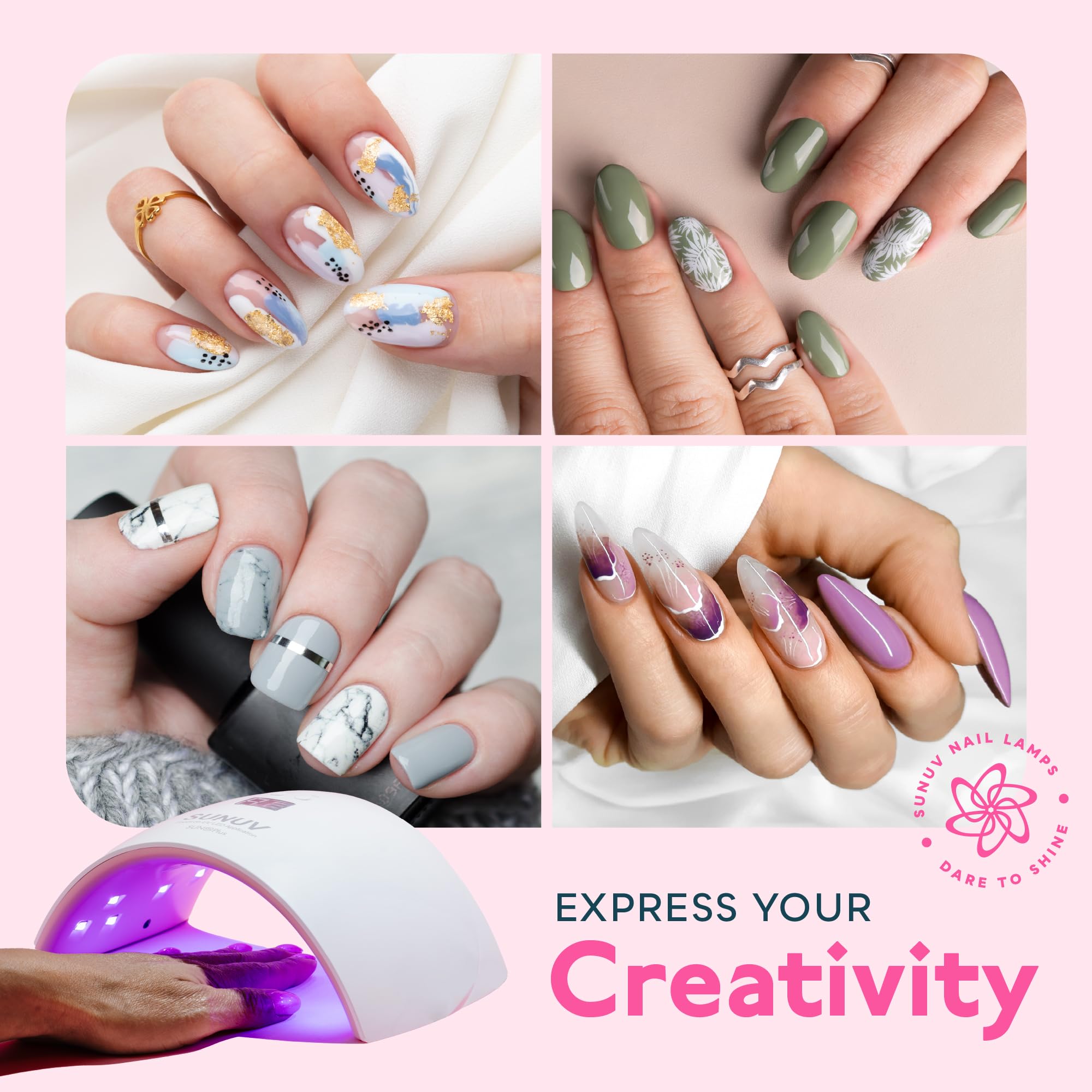 SUNUV SUN9X Plus nail lamp auto-sensor activates hands-free curing with pink body.