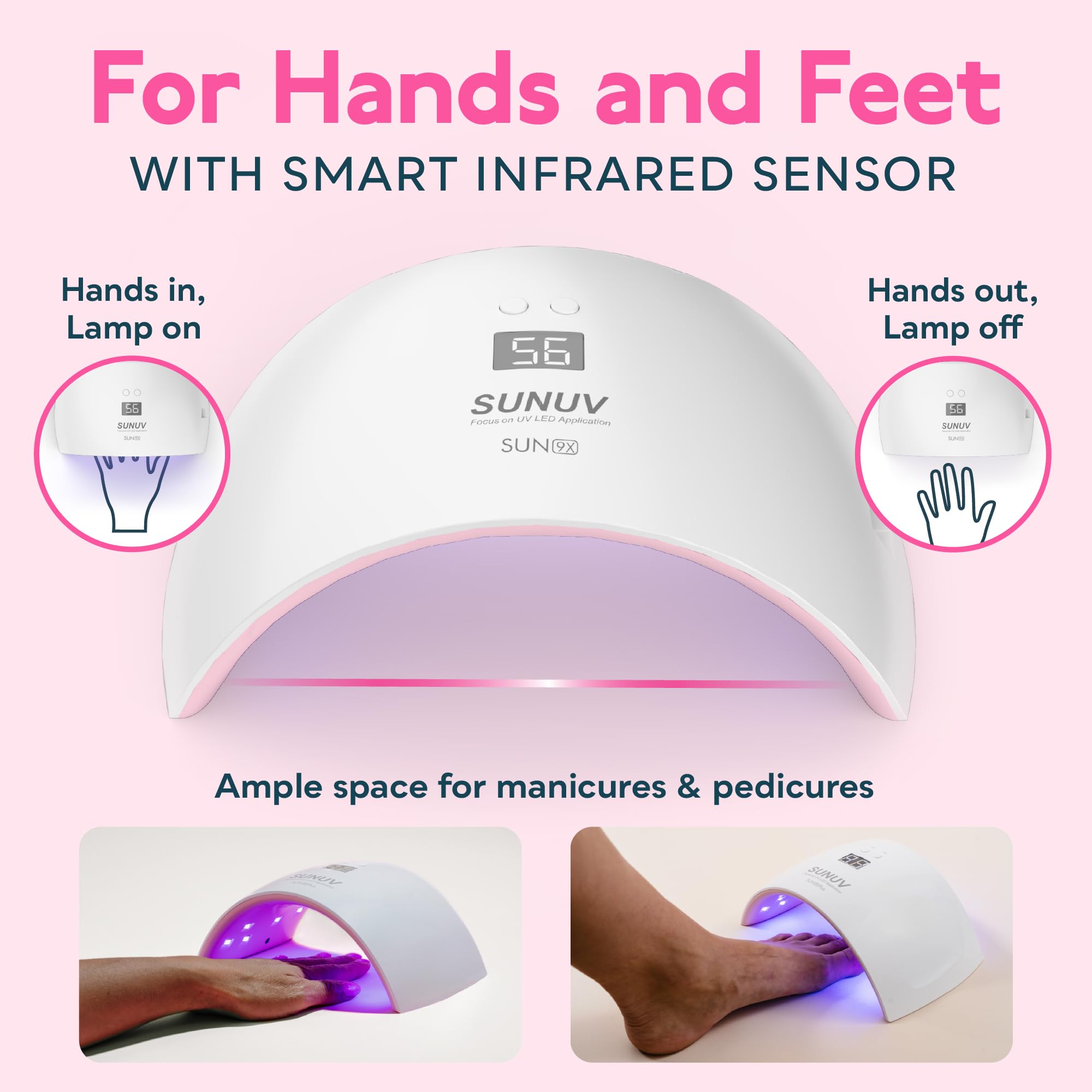 SUNUV SUN9X Plus nail lamp curing process visual in pink for gels and builders.
